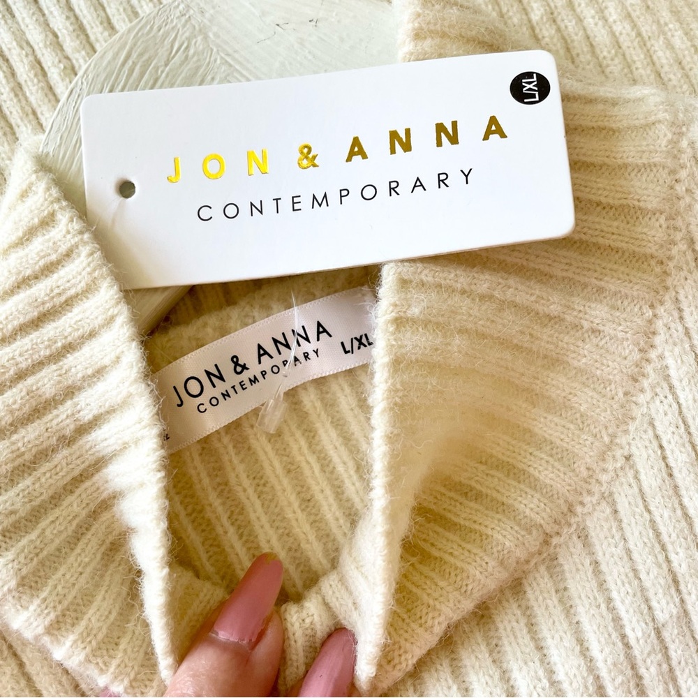 Jon & Anna Ribbed Boxy Sweater with Mock Neck, Cream with Black Trim, La… - Picture 7 of 9